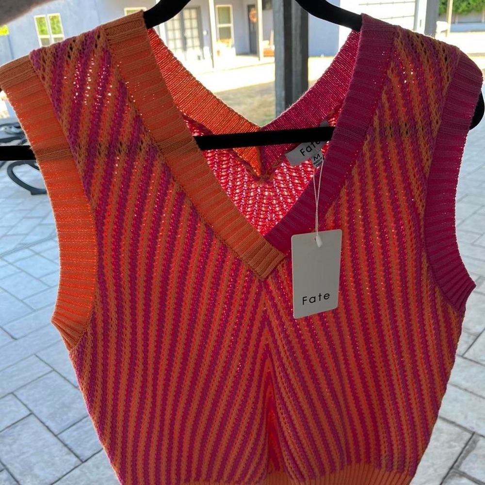 Fate the Label Orange Pink Striped Knit Vest Boho Preppy Layering NWT